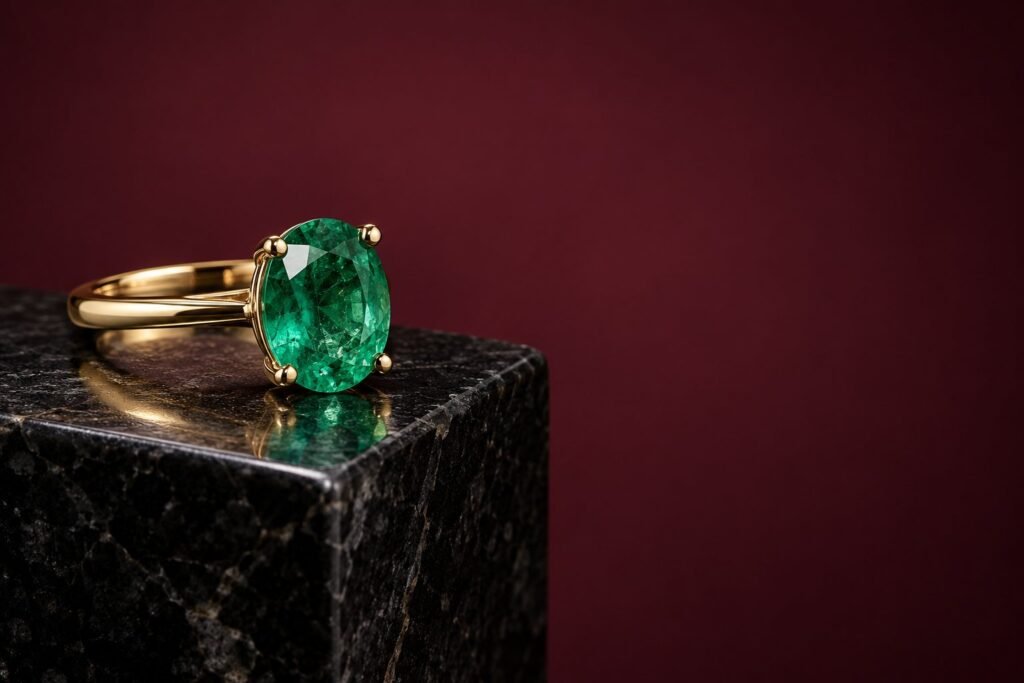 Anillo de oro amarillo con esmeralda oval