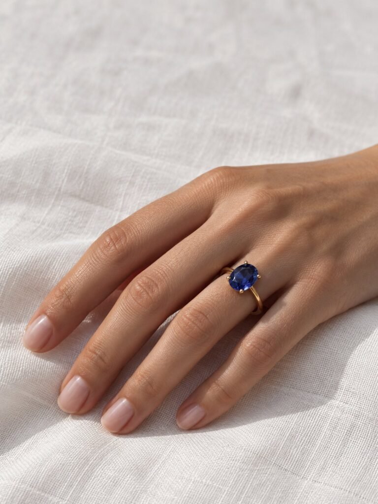 Mano con un anillo de zafiro azul